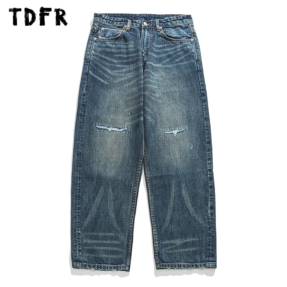 Washed Distressed Ripped Jeans Mens Autumn Winter Retro Casual Loose Straight Wide Leg Pants Men Trousers