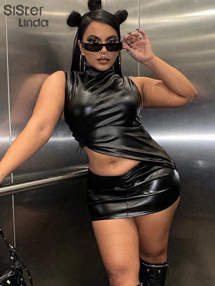 

Sisterlinda Faux PU Leather Y2K Two Piece Set Women Summer Ruched Irregular Zipper Vests+High Waist Hip Skirts Female Streetwear