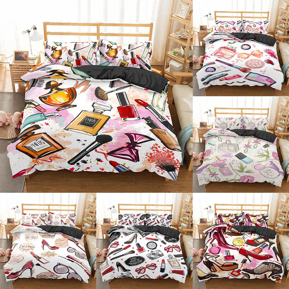 

Homesky Makeup Lipstick luxury Bedding Set Cosmetic Pink Duvet Cover Girls Women Bed Set Home Textiles Bedclothes 3/4pcs