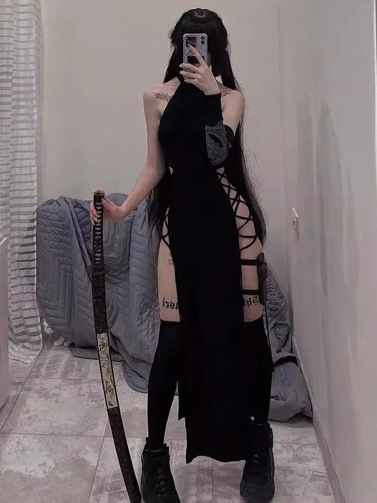 Фото Hohe Split Sexy Verband Frauen Kleider Y2K Mall Gothic Холтер Schlank Midi Kleid Schwarz Grunge Stil Alt party №2