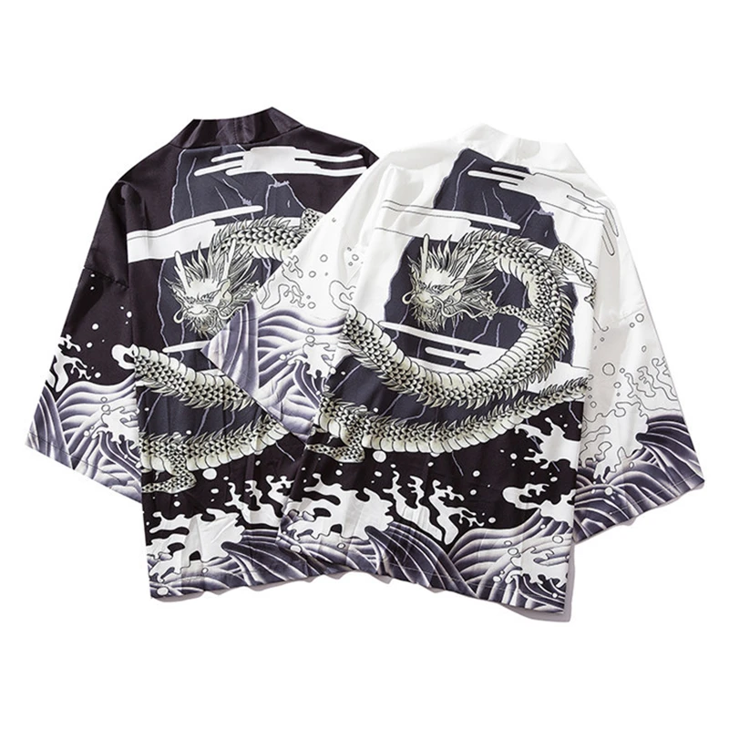 

Traditional Japanese Style Kimono Couple Sea Wave Dragon Print Women Men Cardigan Yukata Coats Haori Harajuku Blouse Streetwear