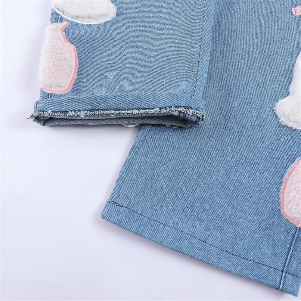 Harajuku Mask Gun Towel Embroidery Patchwork Mens Denim Pants Retro Streetwear Casual Straight Loose Jeans Trousers Pantalones