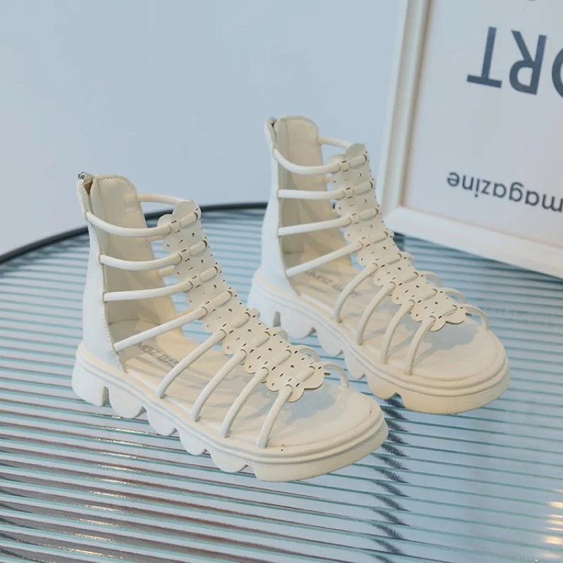 

Children Girls High-top Sandals Zipper Simple European and American Open Toe Versatile Anti-slip Princess Chic Hollow Kids Shoes