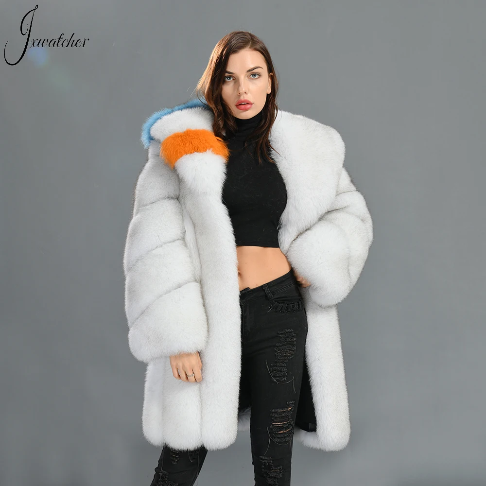 

Jxwatcher Real Fox Fur Coat For Women Luxury Long Trench Winter Super Warm Large Turn-down Collar Vertical Striped Fur Overcoat