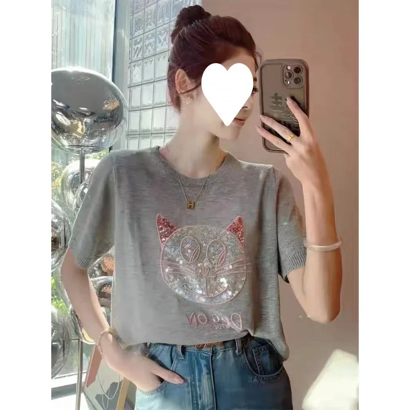 Белый вязаный Топ из ледяного шелка женский модный Свободный с коротким рукавом