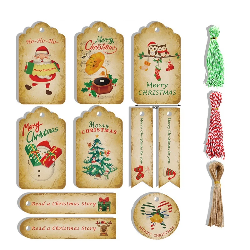 

150 PCS Christmas Gift Tags Kraft Paper Name Tags Hang Labels With Cotton String For Xmas Party DIY Craft Decoration
