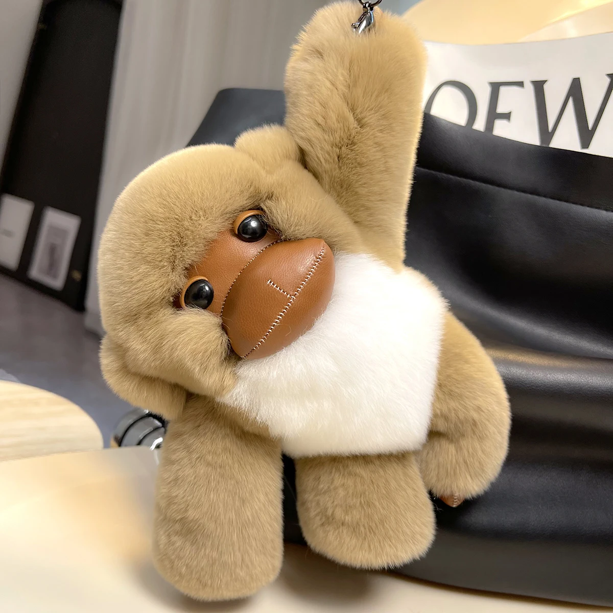 

Cute Plush Monkey Real Rex Rabbit Fur Keychain Kids Bag Charm Pendant Women's Car Metal Keyring Highend Rearview Mirror Toy Gift