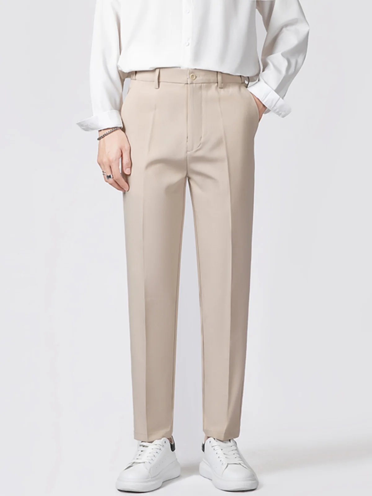 Young Sle Men's Suit Pants Spring and Autumn Drape Straight Ankle-Length Trendy Korean Series Pu Handsome Casual Smal...