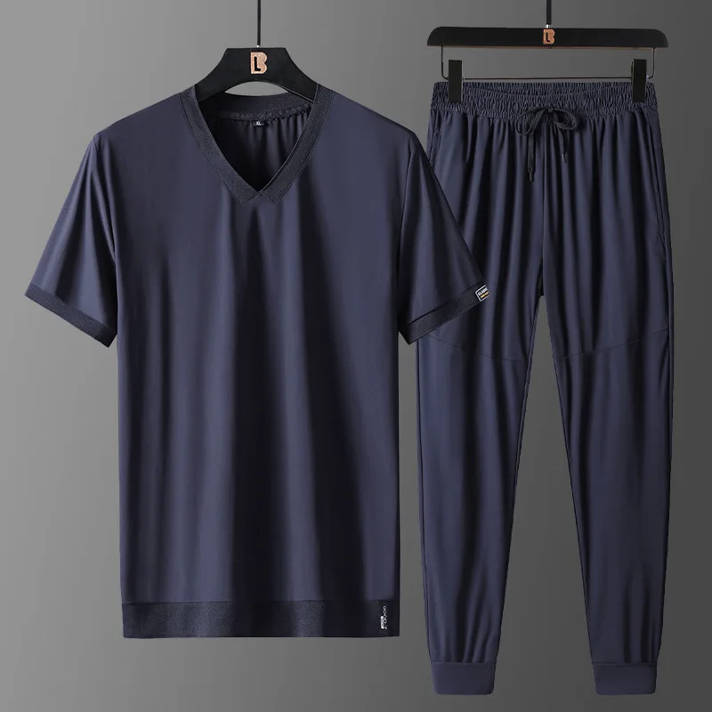 

Men Outfit Set 2022 Summer Men Clothing Plus Size 8XL Mens T Shirt+ Shorts Sports Suit Solid Large Two-piece Suit