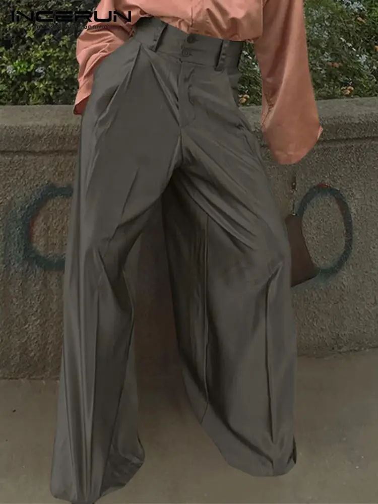 Брюки INCERUN мужские с завышенной талией, модные однотонные повседневные штаны на пуговицах, с карманами, с широкими штанинами, уличная одежда, 2023