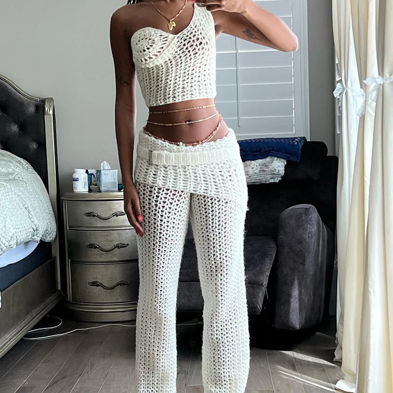 Crop Knitted Crochet Two Piece Set Outfits 2023 Women Fall Winter Clothes Elegant Luxury Crocheted Sweater 2 Piece Pant Sets