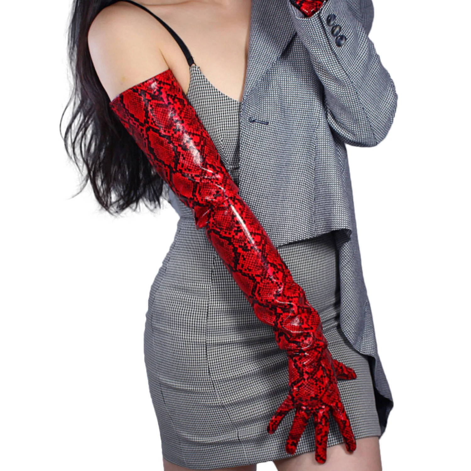 Красные латексные перчатки Red Snake из искусственной лакированной кожи, 28 дюймов (70 см), очень длинные, с блестящим принтом под кожу питона, для модных костюмов, косплея, Хэллоуина (art.: 3920dad4adc38) - 3920dad4adc38