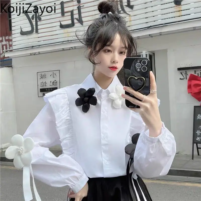 

Koijizayoi 2022 New Fashion Design White Tops Casual Turn-down Collar Office Lady Shirt Vintage Ruffles Women Long Sleeve Blouse