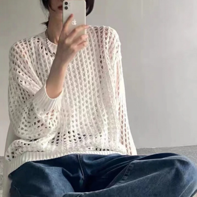 

Женский трикотажный свитер с вырезами, Повседневная футболка с длинным рукавом, свободные винтажные пуловеры Y2k, корейский трикотажный топ, уличная одежда