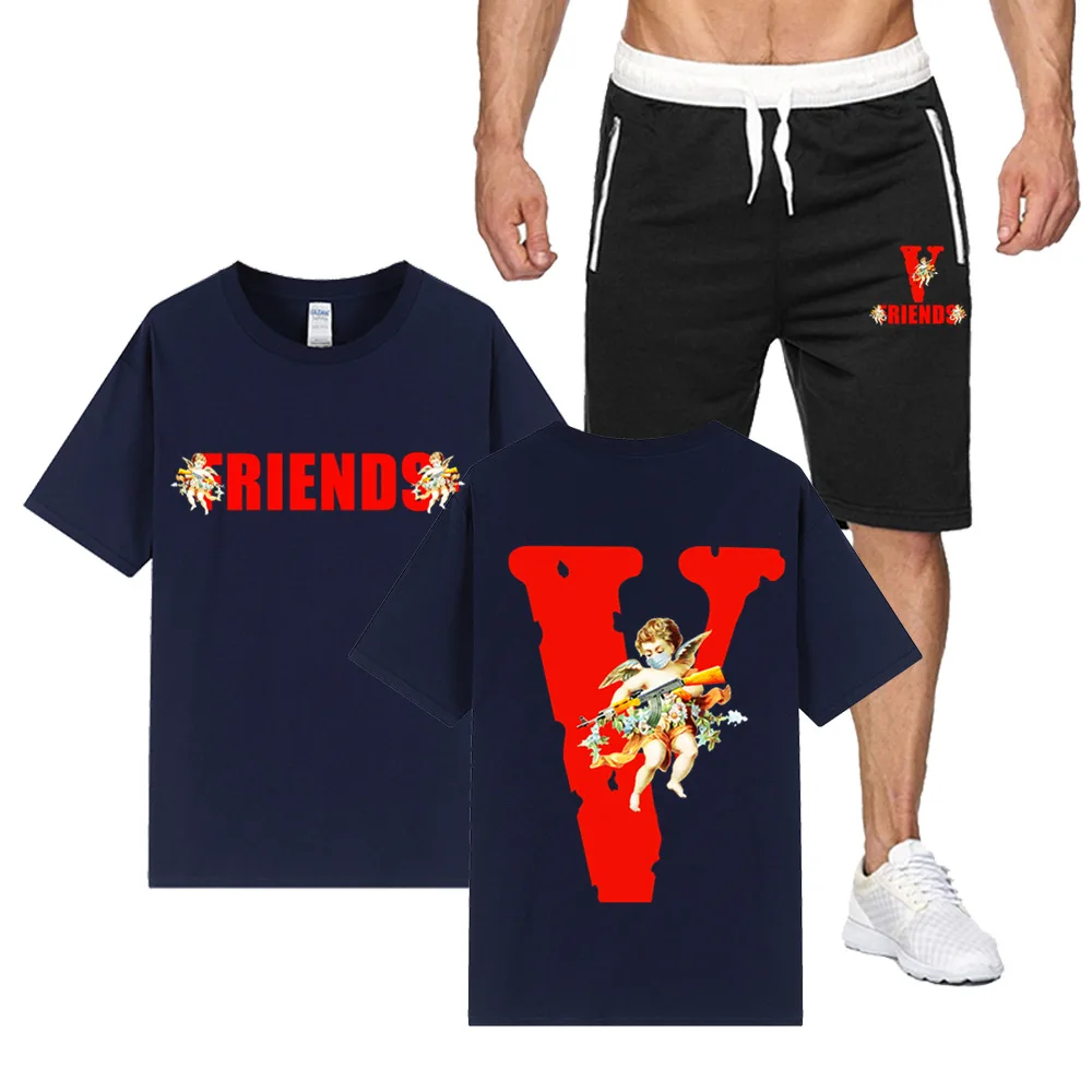

VLONE Men's T-Shirt + Shorts 2-Piece Set 100% Cotton T-Shirt Set American Summer Short Sleeve Brand Hip Hop T-Shirt Angel AK47