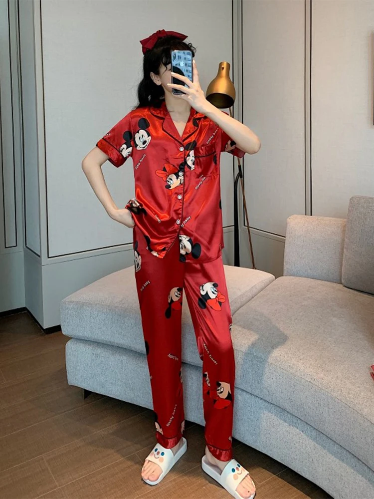 

Disney Silky Satin Pajamas Set for Women 2022 Mickey Mouse Printing 2 Piece Sleepwear Kawaii Casual Pyjama Soft Loose Homewear