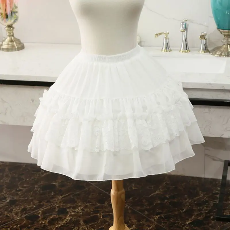 

X7YC Womens White 2 Hoops Petticoat Skirt Floral Lace Patchwork Tiered Ruffles Underskirt Lolita Bride Dress Flared Short