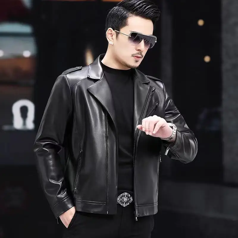 

2022 Spring Autumn Men's Fashion Genuine Sheepskin Jackets Male Short Motorcycle Leather Coats Men Lapel Slim Fit Outerwear N119