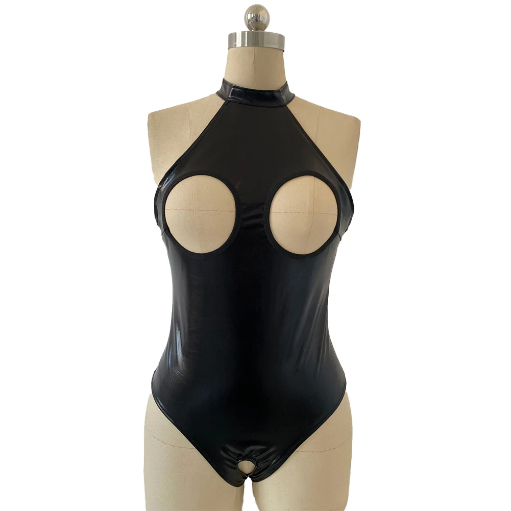 Женское сексуальное боди из искусственной кожи с открытой чашкой и мокрым