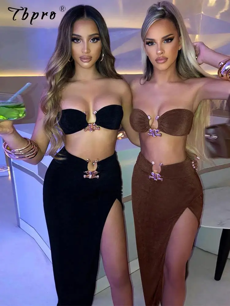 

Women Velvet Crop Tube Top High Waist Slit Skirt Two Piece Sets 2022 Fashion Sexy Strapless Blouse Party Clubwear Skirt Suits