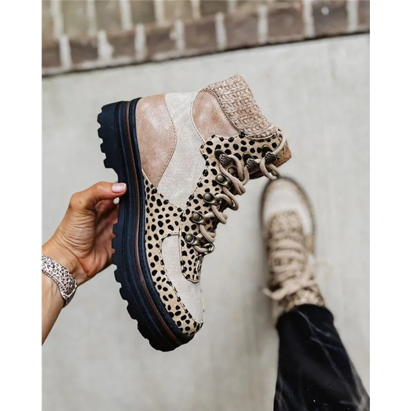 New Autumn Winter Leopard Women's Boots 2022 High Top Casual Shoes for Woman New Ladies Lace Up Platform Boot Botas Mujer