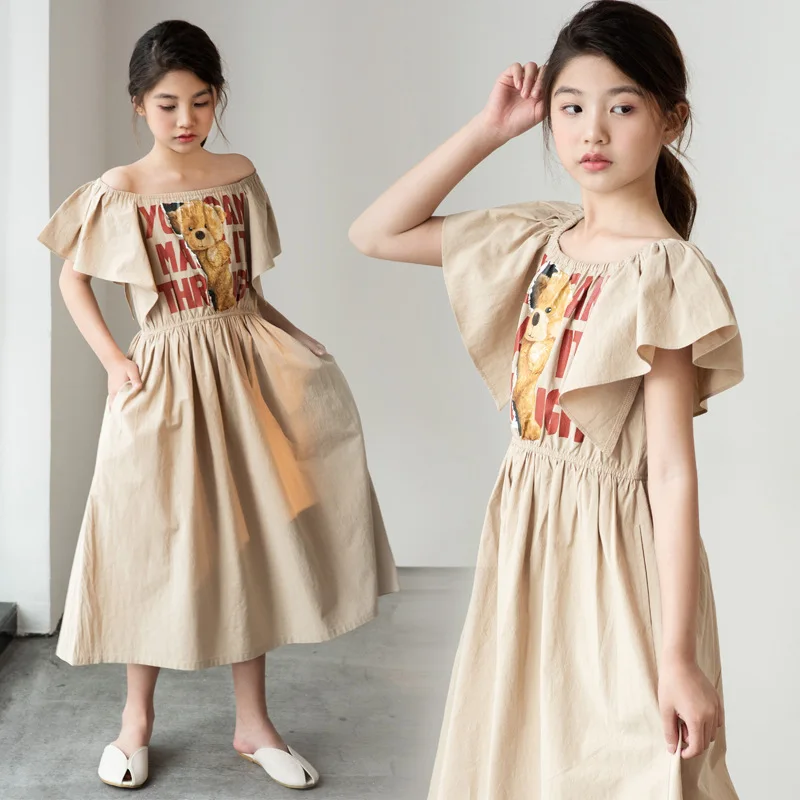 

Holiday Pleated Dress Girls Off Shoulder Strapless Lace Fabric Kids Flare Sleeve Bohemian Beach Dress For Children