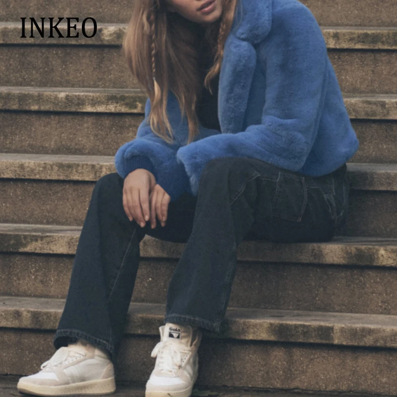 

Faux fur jacket 2022 Winter women Blue Warm Long sleeve short coat Loose Ladies Lapel collar Outerwear Korean INKEO 2O314