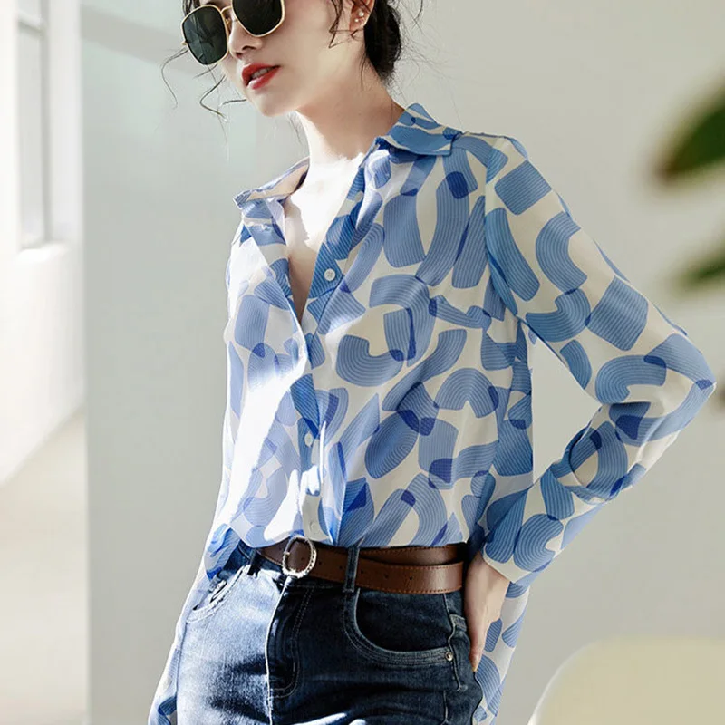 

Vintage Printed Lapel Button All-match Chiffon Shirt Women's Clothing 2023 Autumn New Casual Tops Long Sleeve Office Lady Blouse