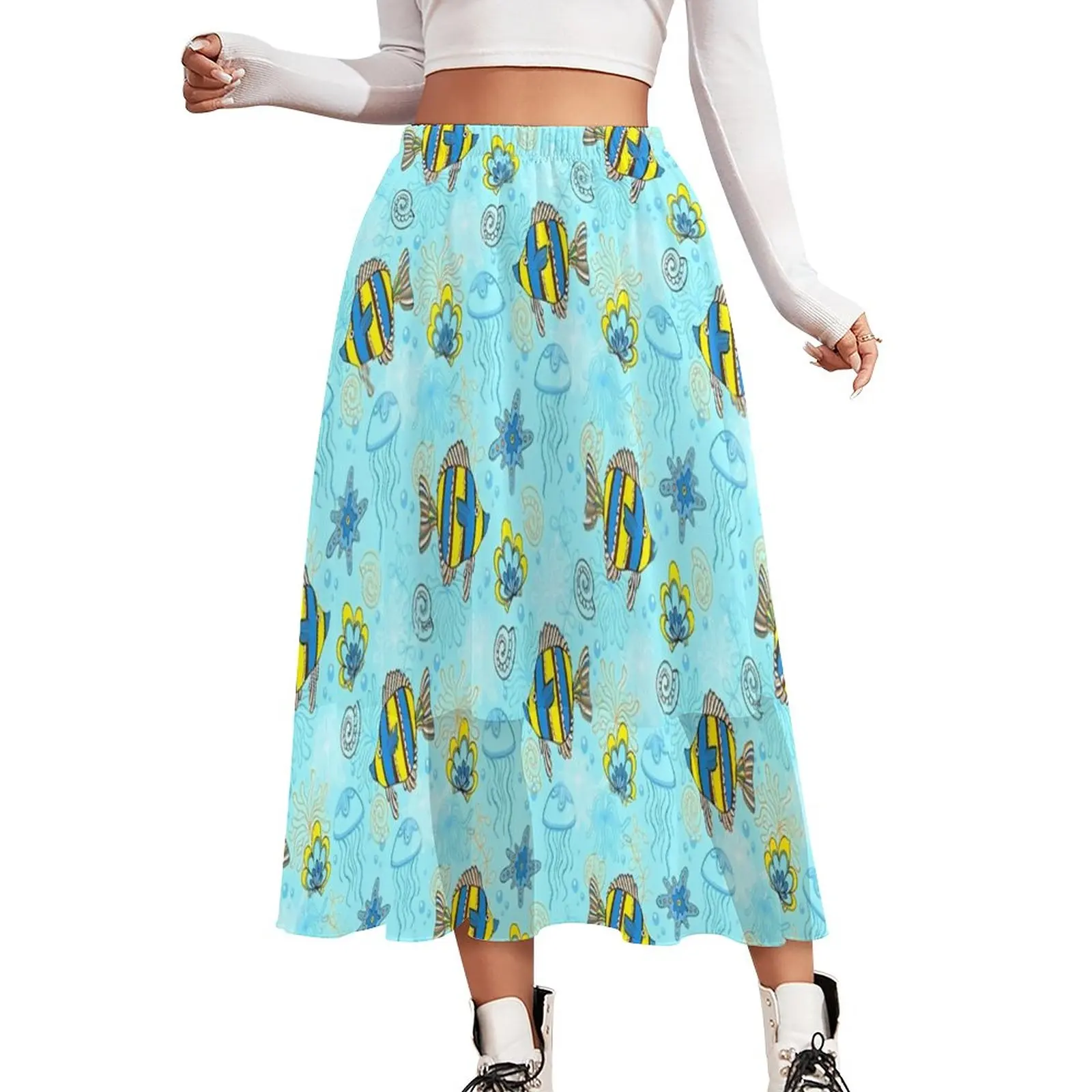 

Tropical Marine Life Chiffon Skirt Reef Fish Print Streetwear Casual Skirts Female Modern A-line Skirt Custom Clothing Gift