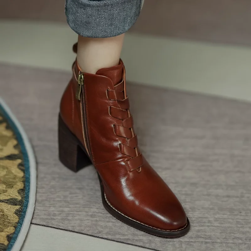 

Ботильоны на толстом высоком каблуке, выразительная обувь из воловьей кожи с боковой молнией и пряжкой, теплые зимние сапоги в европейском стиле, осень-весна