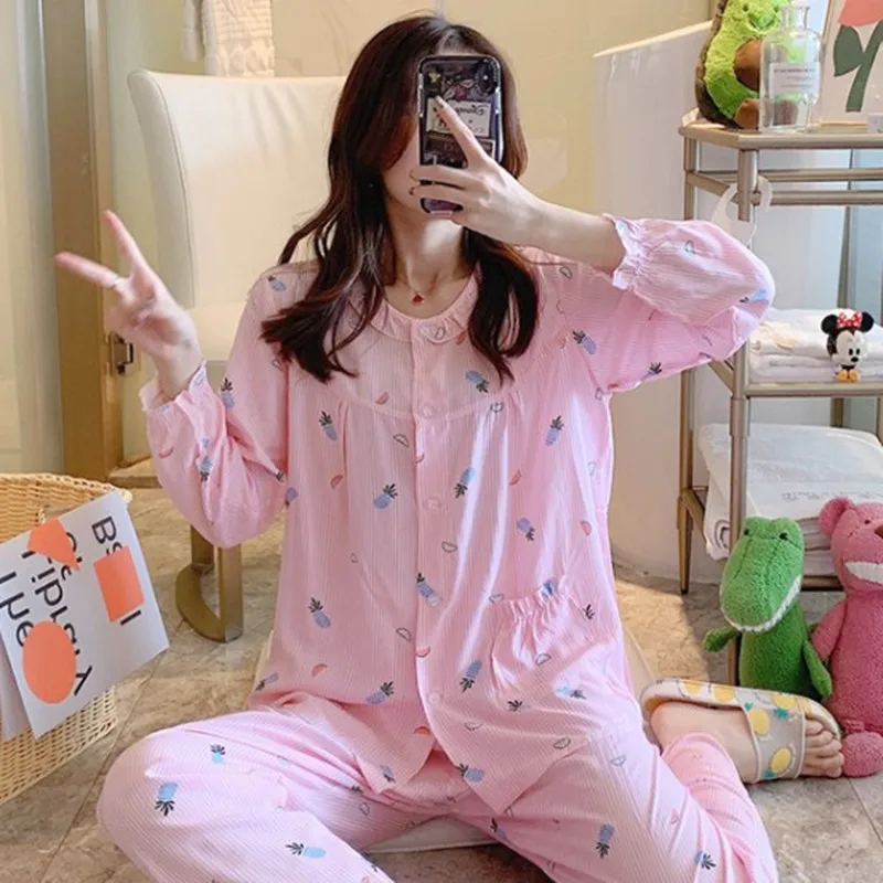 Spring Autumn Long Sleeves Ladies Nightdress Cotton Silk Trousers Women Lounge Pajamas Set