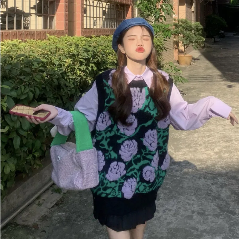 Женский комплект из двух предметов Трикотажный жилет с цветочным принтом и