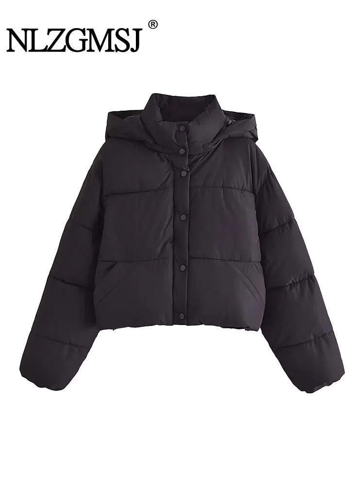 

Женская куртка с капюшоном Nlzgmsj TRAF, зимняя и осенняя куртка, толстая свободная короткая парка с подкладкой, новые женские пальто