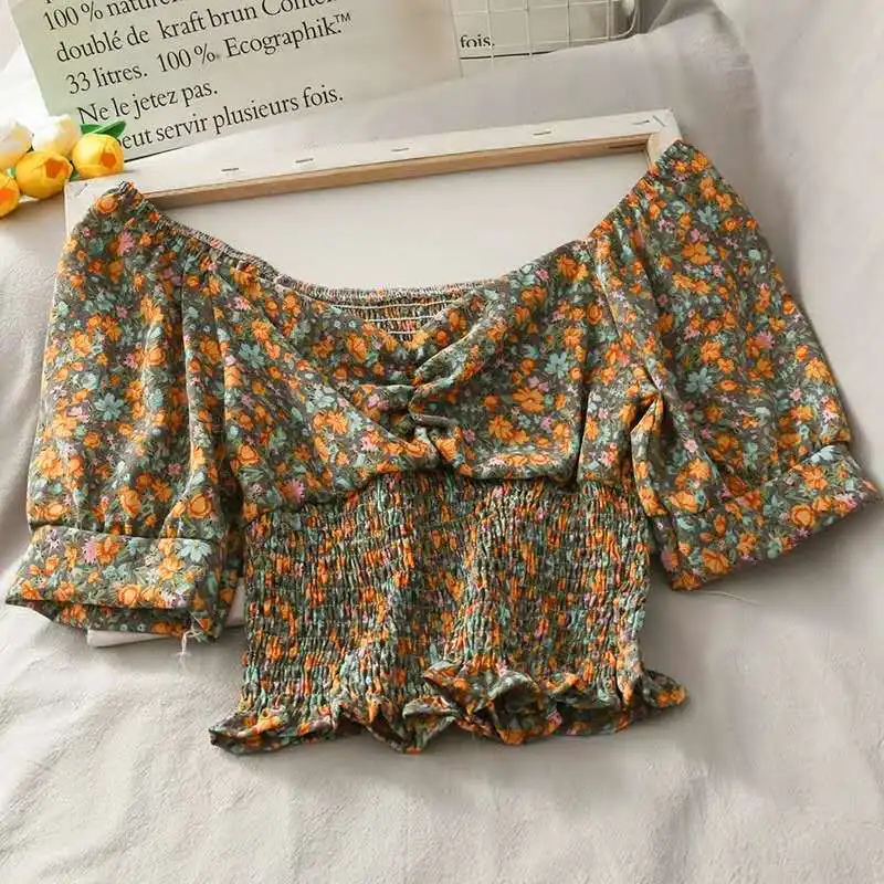Women Casual Sexy Crop Tops Floral Printed Pattern Short Sleeves Pullover Dark Green/ Purple/ Apricot/ Black/ Orange