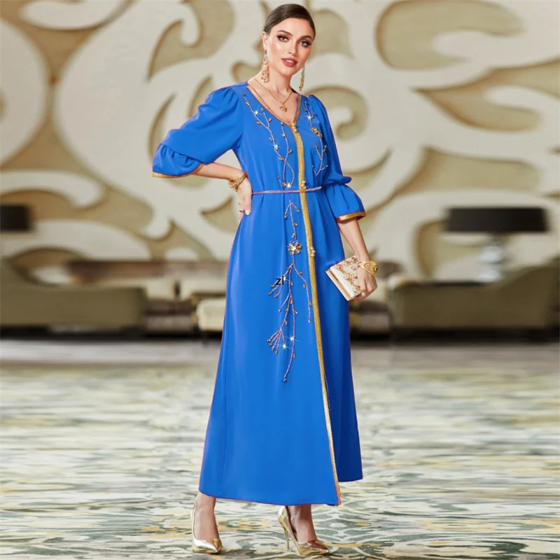 Elegant Casual Dresses For Prom Fashion Diamonds Satin Dress Women Muslim Caftans Marocains Dubai Abaya With Belt