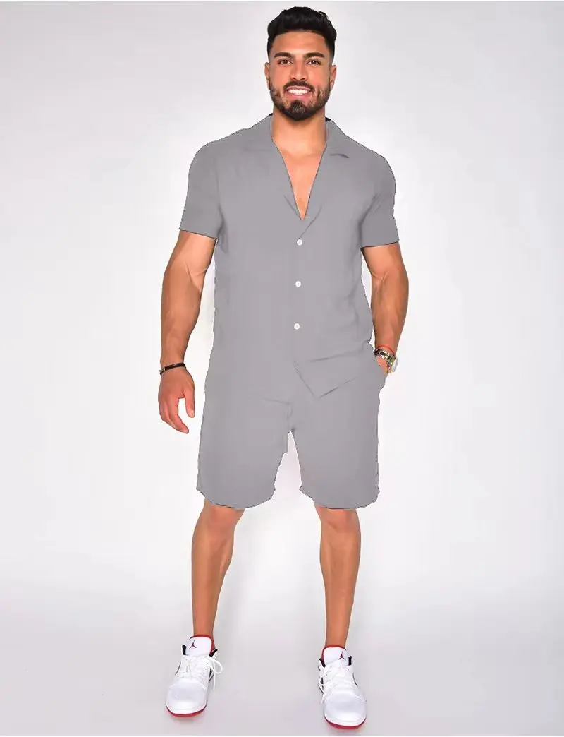 New Men's Hawaiian Set Summer Solid Color Turndown Short Sleeve Shirt&Beach Shorts Streetwear High Quality 2-Piece Set