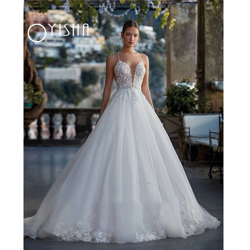 

Oyisha Elegant Wedding Dresses For Women 2023 Sweetheart A-Line Tulle Pearls Back Backless Criss-Cross Boho Vestidos De Novia
