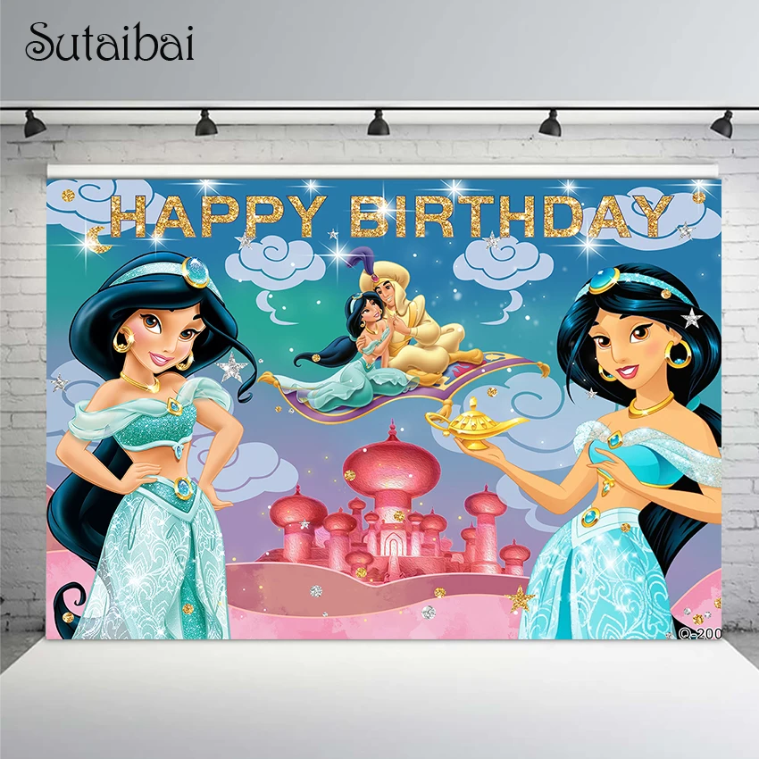 

Disney Aladdin Castle Jasmine Princess Backdrop Girls Birthday Party Photo Background Baby Shower Photocall Decoration Banner