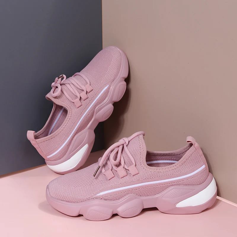 

2022 Large Size Spring New Flying Weaving Women's Shoes Round Toe Lace-up Color Matching Simple Fashion Casual Sneakers