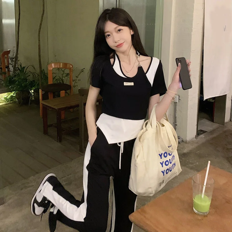 

Спортивный костюм, летний комплект из футболки и брюк, сексуальные укороченные топы, облегающие Асимметричные Короткие топы, подходящие цв...