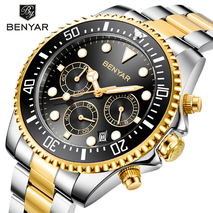 

Мужские кварцевые часы с хронографом BENYAR, роскошные спортивные часы из нержавеющей стали, 2020