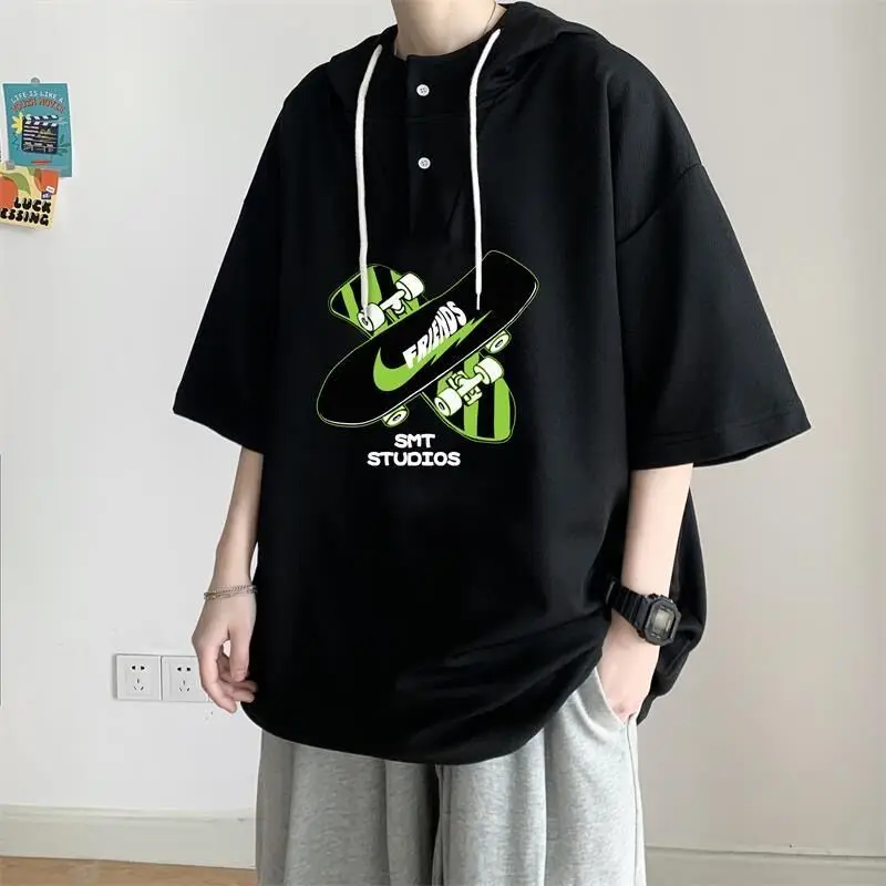 

Футболка мужская оверсайз с капюшоном и коротким рукавом, красивый модный свитер с оборками и 5 рукавами, с оборками, большие и средние размеры, на лето