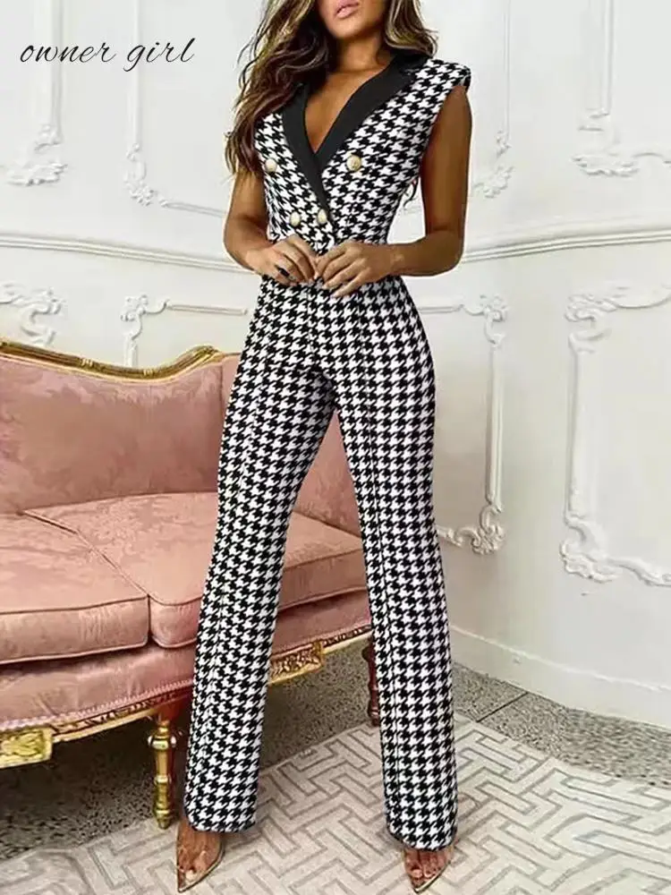 

Fashion Houndstooth Print Jumpsuit Women Summer Elegant Office Women's Solid Color Jumpsuits Slim Sleeveless V Neck Long Rompers