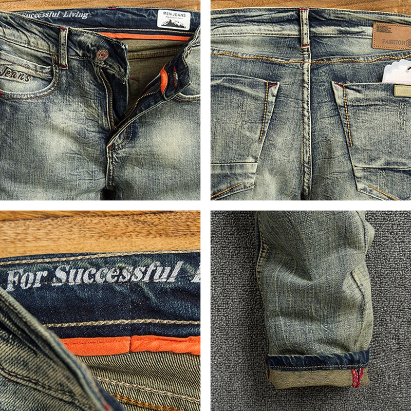 Fashion Designer Men Jeans Retro Yellow Blue Elastic Stretch Slim Fit Ripped Jeans Men Korean Style Vintage Denim Pants Hombre