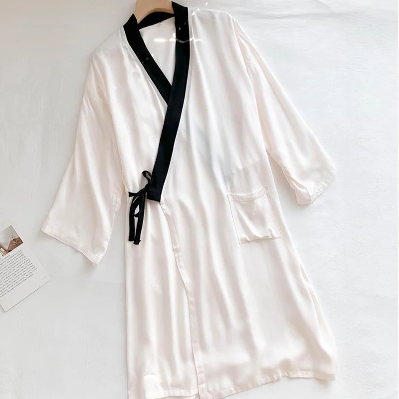 Solid Women's Kimono Summer Long Sleeve Thin Ladies Dressing Gown Pockets Oversize Long Sleepwear Elegant Bathrobe For Female