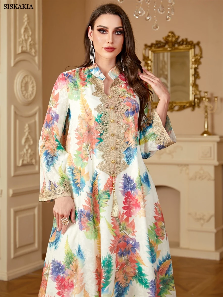 Siskakia Рамадан Дубай Вышивка Цветочный Принт Абая Мусульманское Элегантное