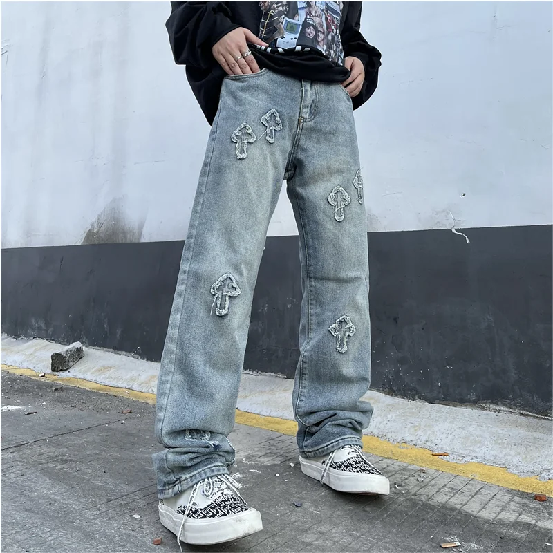 Streetwear Men 2022 New Pattern Vintage Recreational Cross Jeans Loose Broad Straight Cylinder Leg Trousers Autumn Female Trend