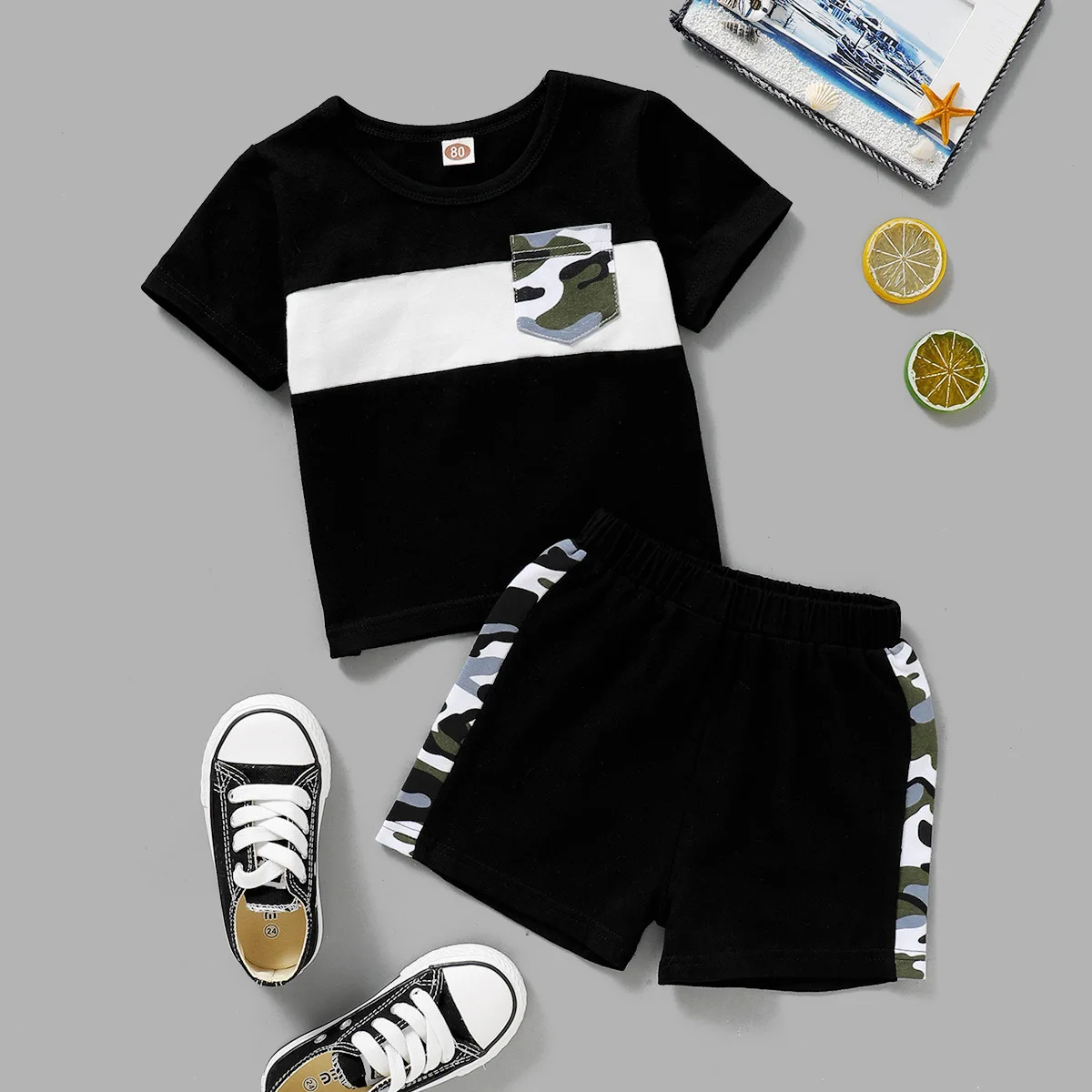 

Baby Boy Clothes Infant Casual Outfits Toddler Camouflage T-shirt with Pocket + Solid Shorts 2pcs Set Children Clothing Sets