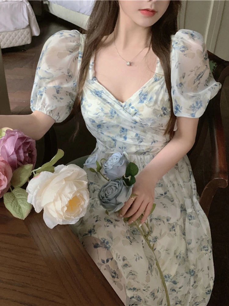 Woherb 2024 корейское Цветочное платье женские элегантные платья с V-образным вырезом