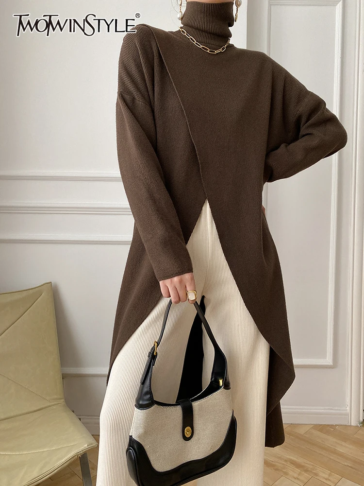 

TWOTWINSTYLE Oversize Kitting Sweater For Women Turtleneck Long Sleeve Asymmetrical Loose Sweaters Female Clothing 2022 Autumn